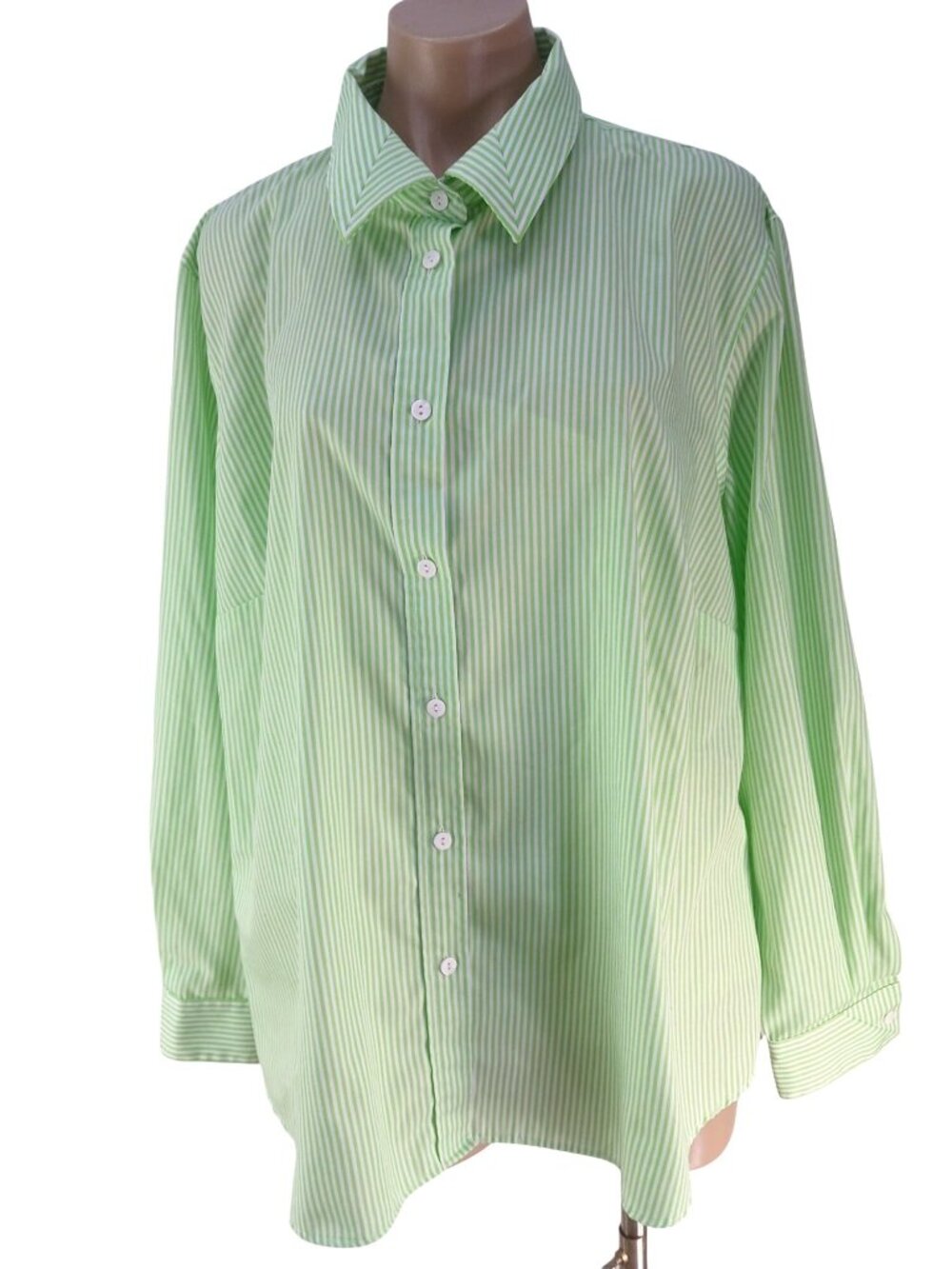 Foxcroft Womens Green White Striped Button Up Shirt Size 18W Wrinkle Free Cotton